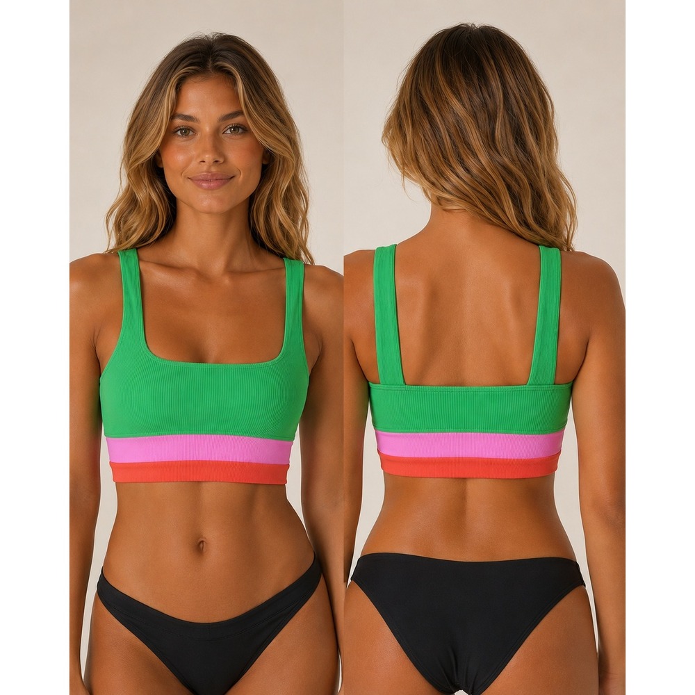 Beach Riot Bikini Top Womens Medium Green Pink Orange Ribbed Colorblock